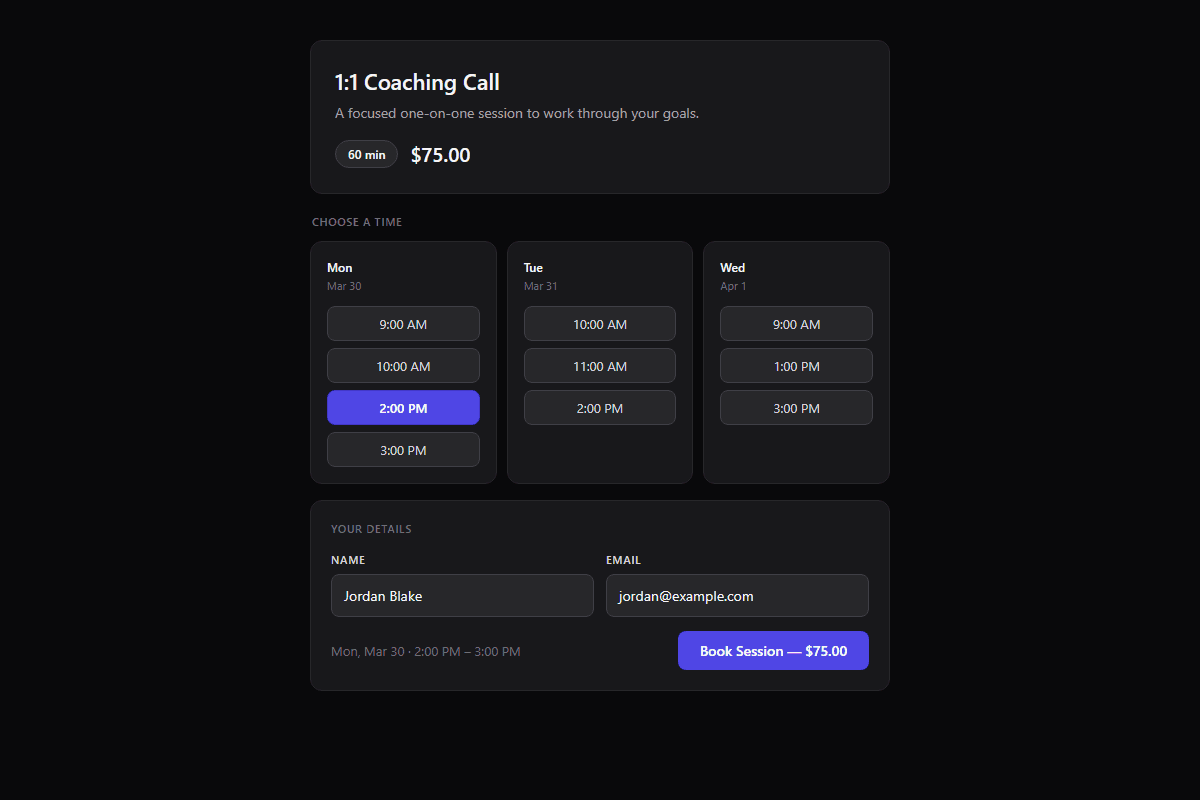 Booking page with time selected and CTA button